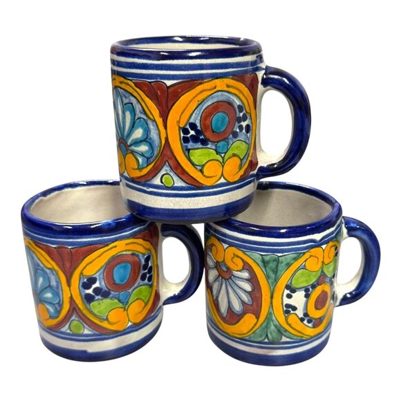Hand-Painted Mexican Talavera Ceramic Coffee Mugs Set Of 3  Multicolor Floral - Picture 1 of 7